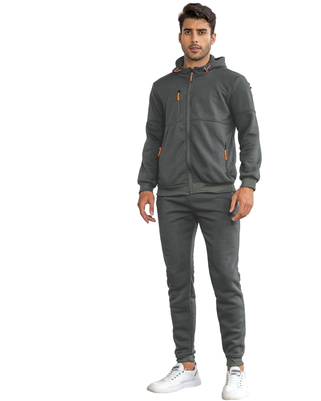 Grey Zip Hooded Two Piece Tracksuit Set for Men