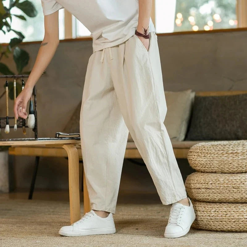 Beige Linen Blend Tapered Cropped Trousers with Drawstring Waist for Men