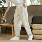 Beige Linen Blend Tapered Cropped Trousers with Drawstring Waist for Men