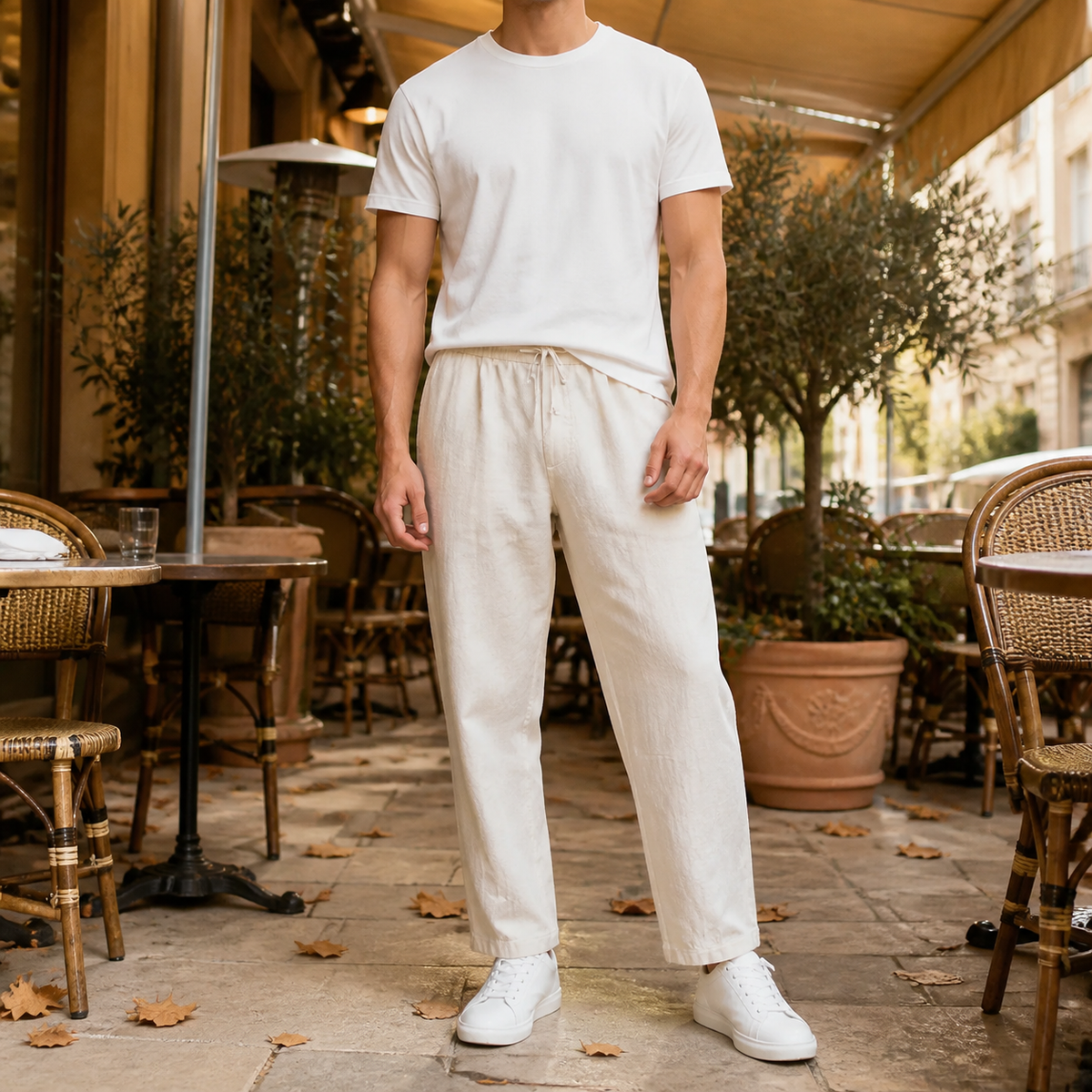 Beige Linen Blend Tapered Cropped Trousers with Drawstring Waist for Men