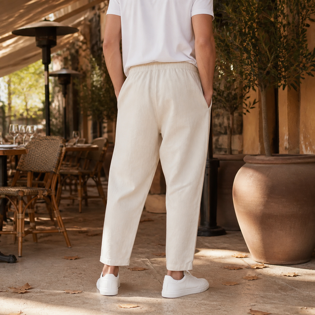 Beige Linen Blend Tapered Cropped Trousers with Drawstring Waist for Men