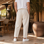 Beige Linen Blend Tapered Cropped Trousers with Drawstring Waist for Men
