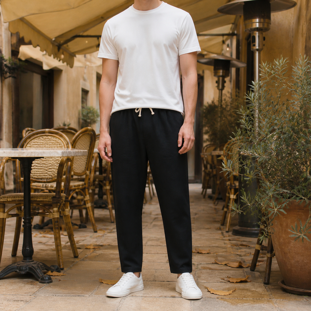 Beige Linen Blend Tapered Cropped Trousers with Drawstring Waist for Men