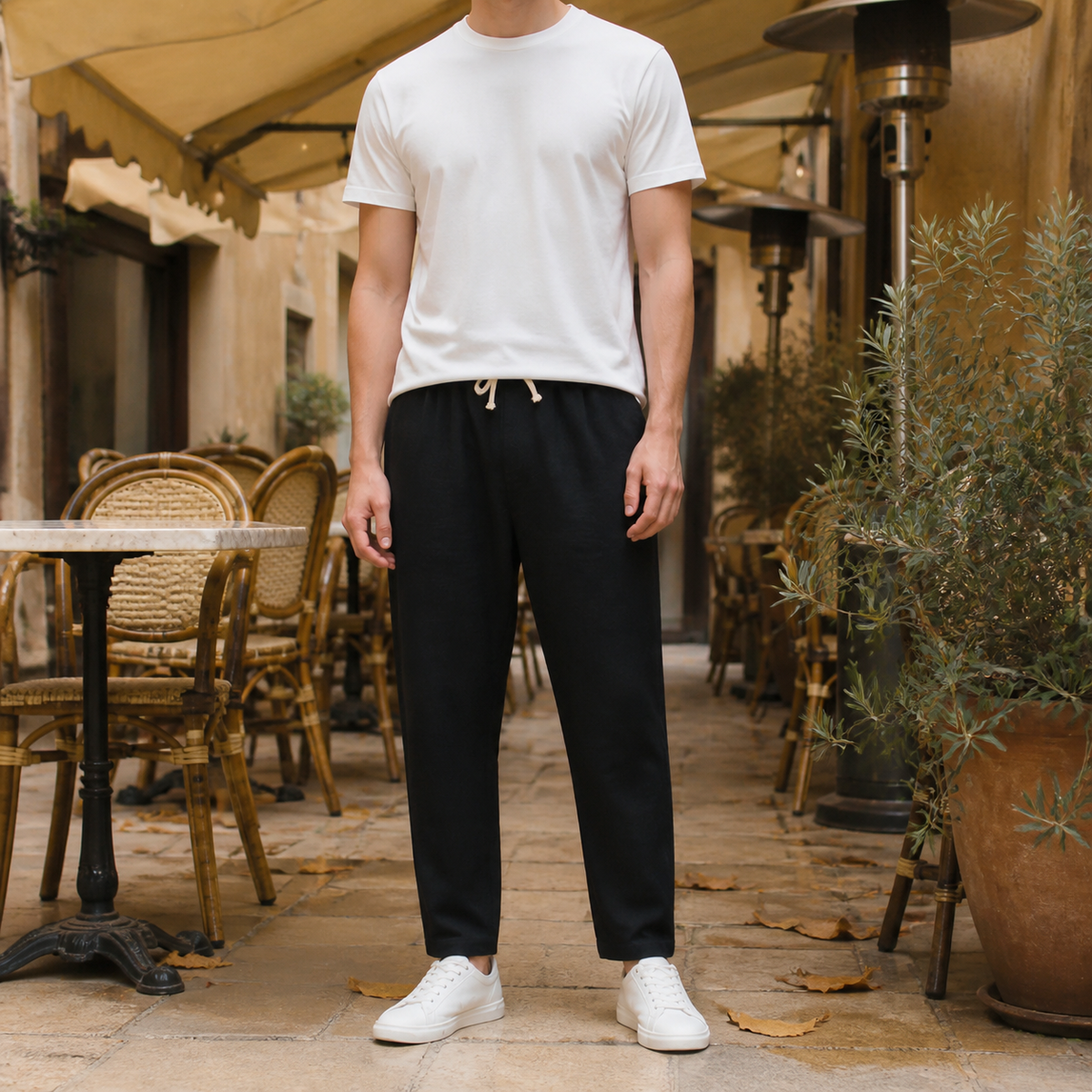 Beige Linen Blend Tapered Cropped Trousers with Drawstring Waist for Men