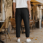 Beige Linen Blend Tapered Cropped Trousers with Drawstring Waist for Men