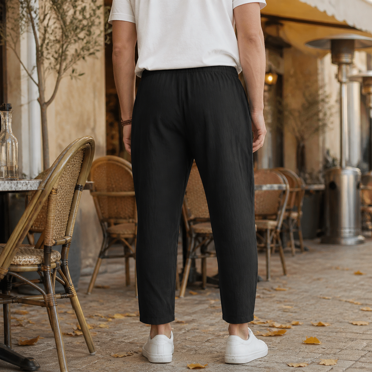 Beige Linen Blend Tapered Cropped Trousers with Drawstring Waist for Men