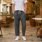 Beige Linen Blend Tapered Cropped Trousers with Drawstring Waist for Men