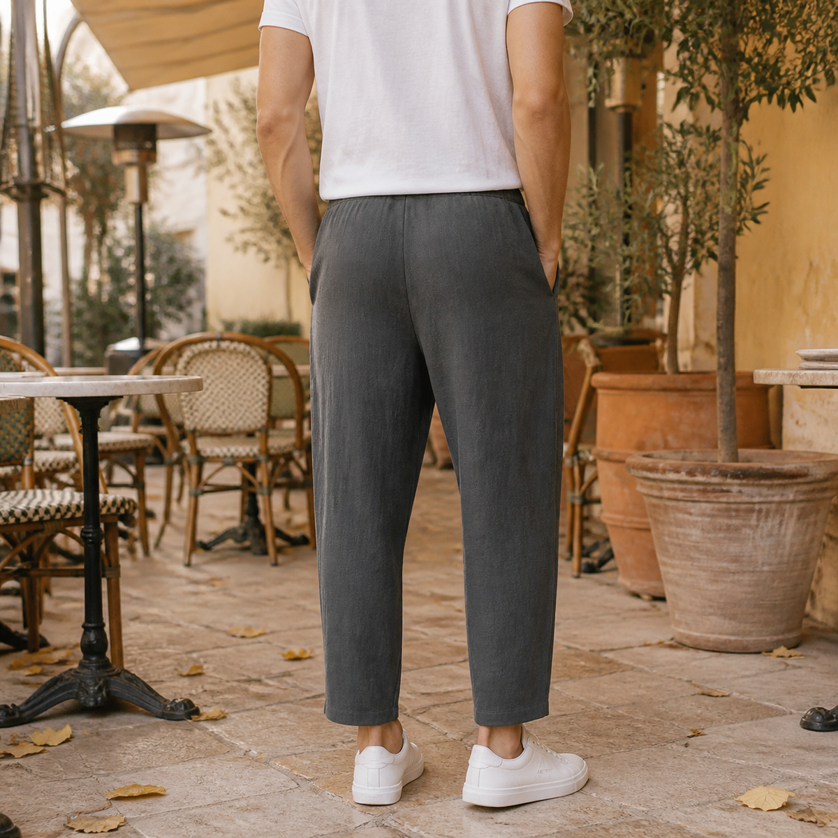 Beige Linen Blend Tapered Cropped Trousers with Drawstring Waist for Men