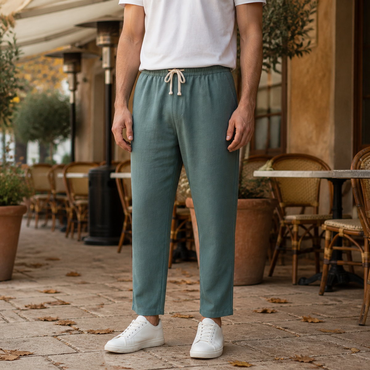 Beige Linen Blend Tapered Cropped Trousers with Drawstring Waist for Men