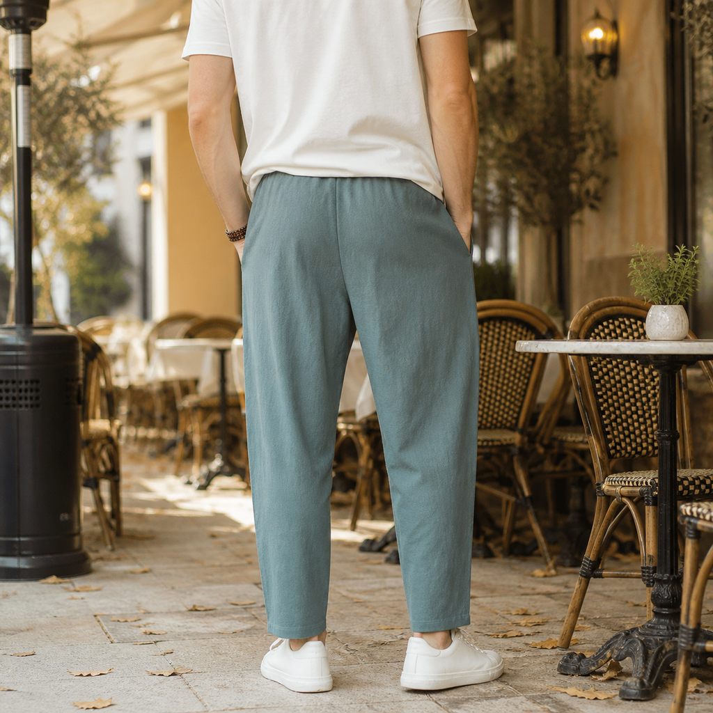 Beige Linen Blend Tapered Cropped Trousers with Drawstring Waist for Men