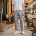 Beige Linen Blend Tapered Cropped Trousers with Drawstring Waist for Men