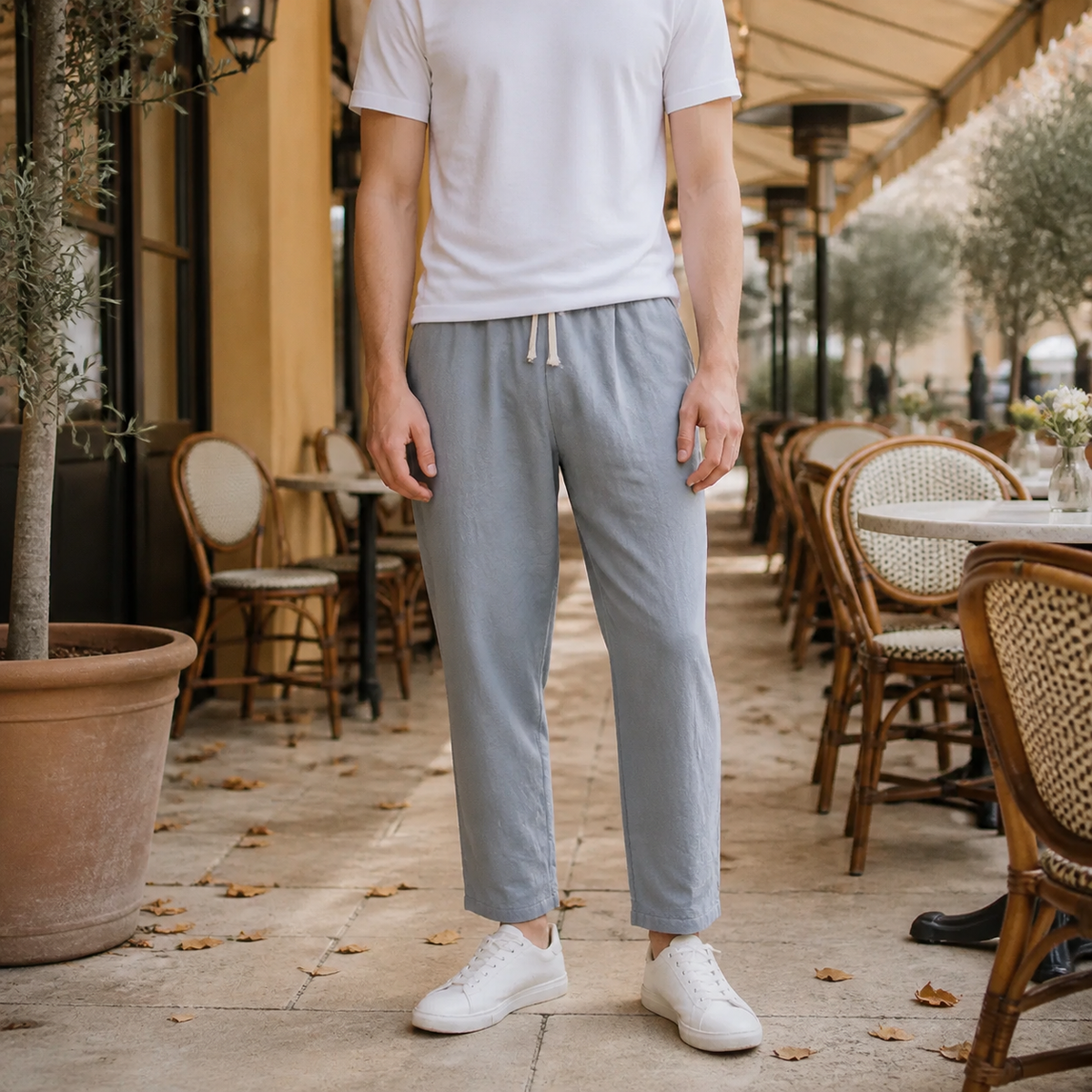Beige Linen Blend Tapered Cropped Trousers with Drawstring Waist for Men