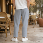 Beige Linen Blend Tapered Cropped Trousers with Drawstring Waist for Men