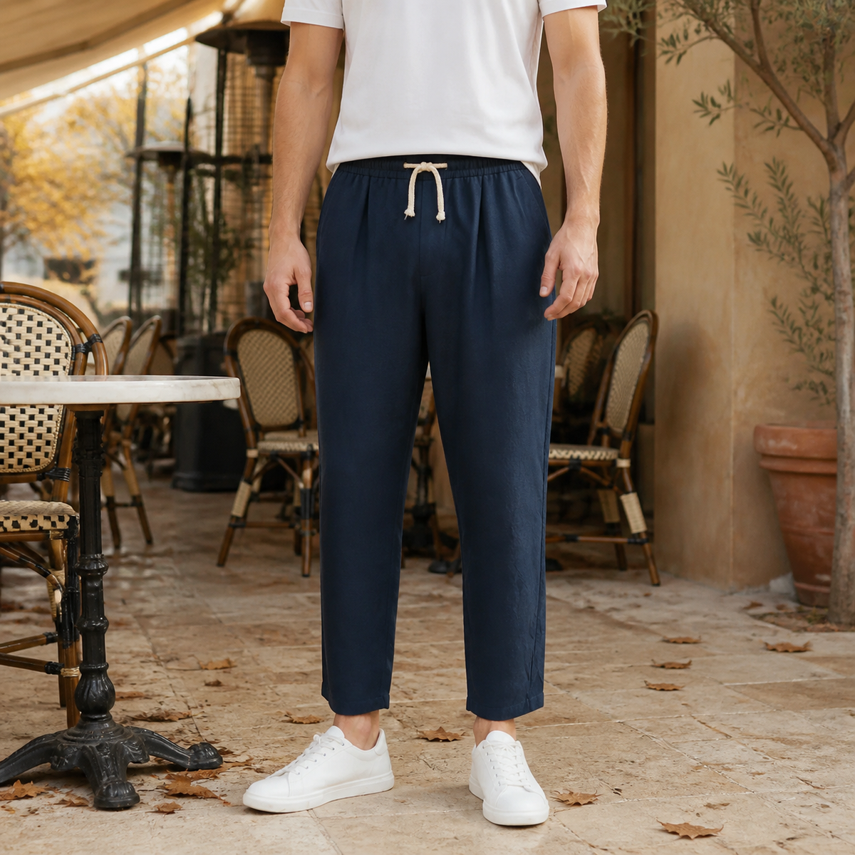 Beige Linen Blend Tapered Cropped Trousers with Drawstring Waist for Men