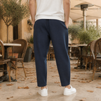Beige Linen Blend Tapered Cropped Trousers with Drawstring Waist for Men