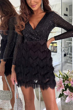 Black Sequined V-Neck Fitted Mini Dress for Women | Evening Occasion Wear
