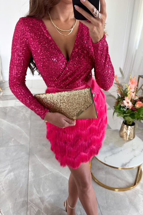 Black Sequined V-Neck Fitted Mini Dress for Women | Evening Occasion Wear