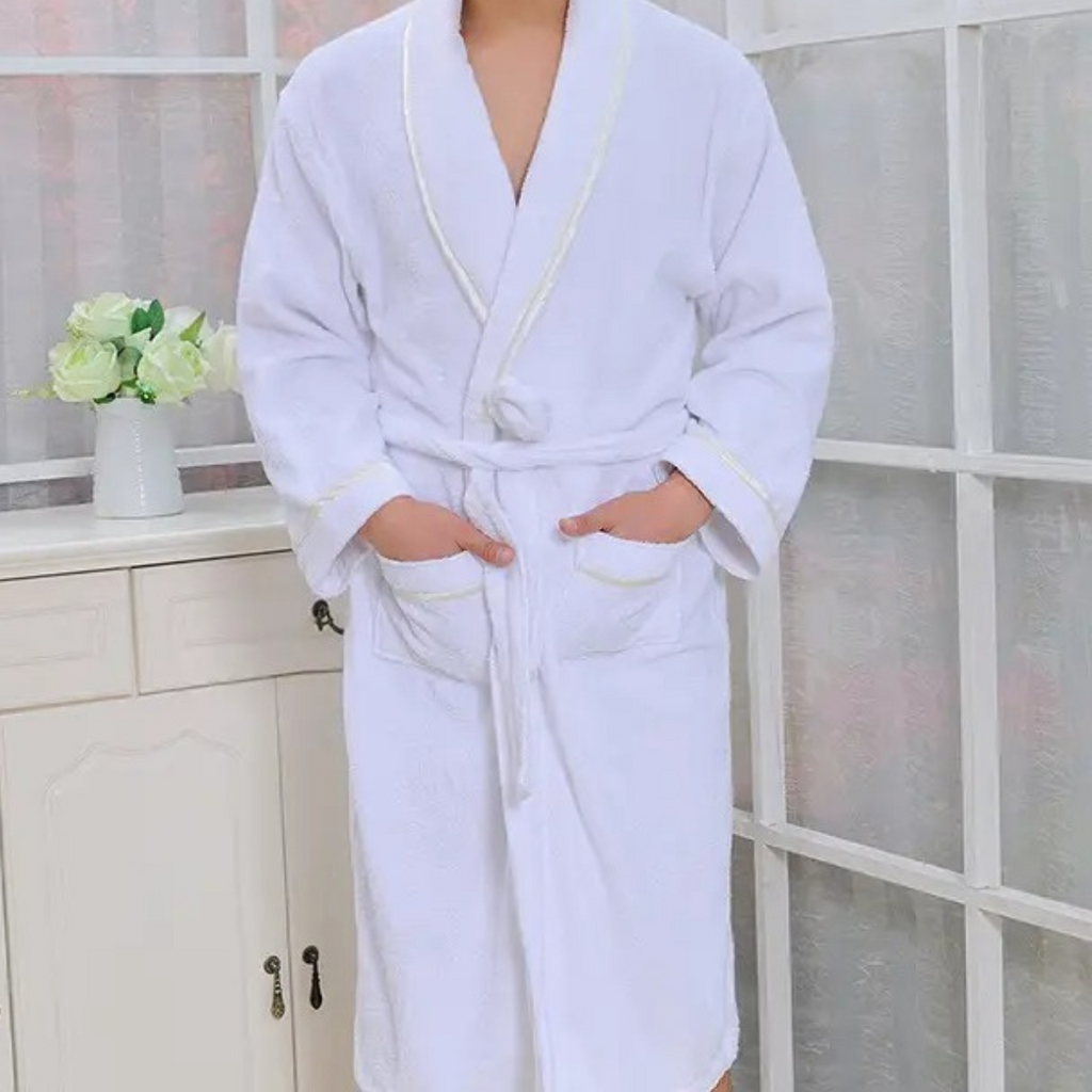 White Lightweight Breathable Cotton Waffle Dressing Gown with Belt for Men