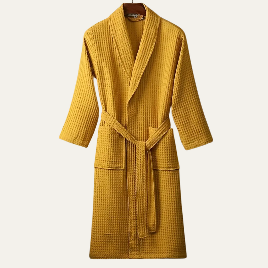 White Lightweight Breathable Cotton Waffle Dressing Gown with Belt for Men