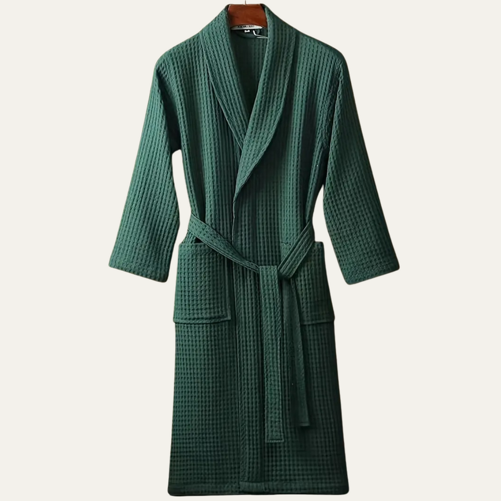White Lightweight Breathable Cotton Waffle Dressing Gown with Belt for Men