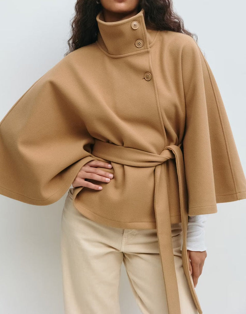 Loose Wool Belted Cape with High Collar for Women | Winter Outerwear