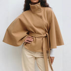 Loose Wool Belted Cape with High Collar for Women | Winter Outerwear