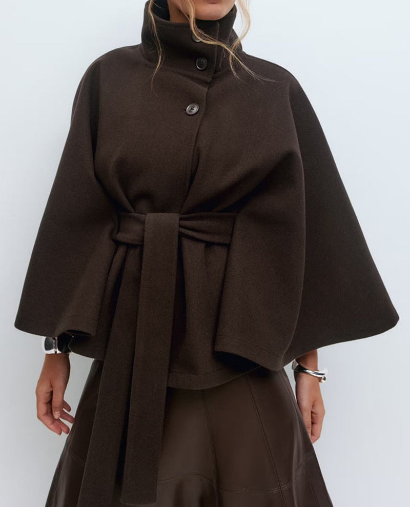 Loose Wool Belted Cape with High Collar for Women | Winter Outerwear
