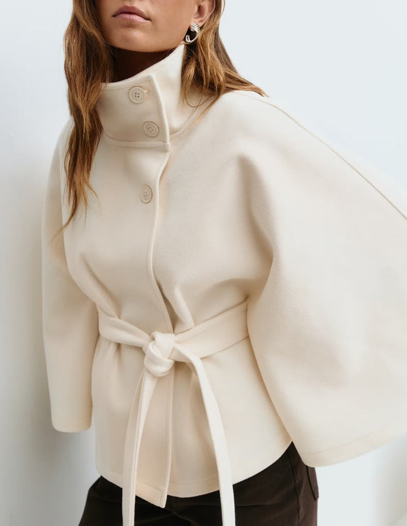 Loose Wool Belted Cape with High Collar for Women | Winter Outerwear