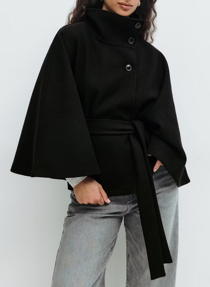 Loose Wool Belted Cape with High Collar for Women | Winter Outerwear