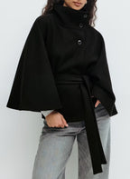 Loose Wool Belted Cape with High Collar for Women | Winter Outerwear