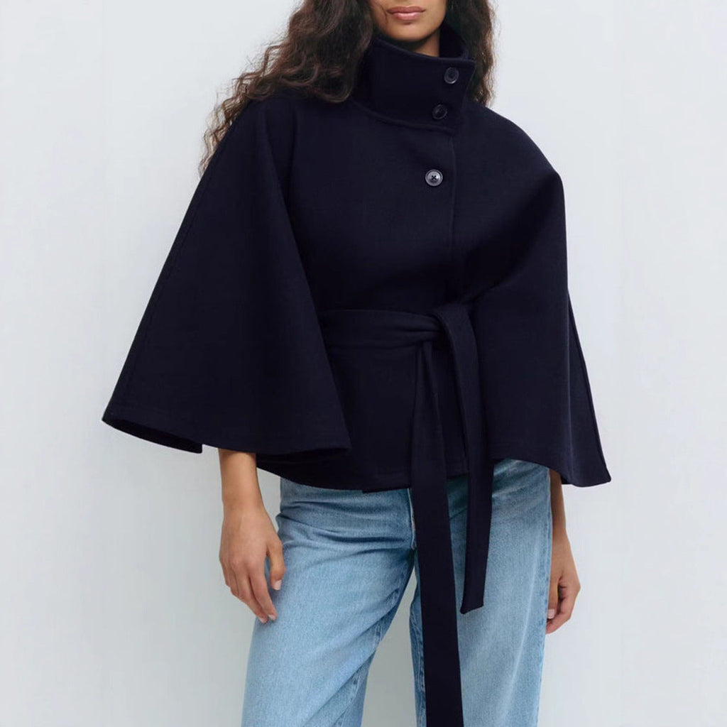 Loose Wool Belted Cape with High Collar for Women | Winter Outerwear