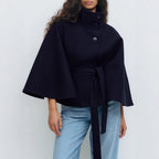 Loose Wool Belted Cape with High Collar for Women | Winter Outerwear