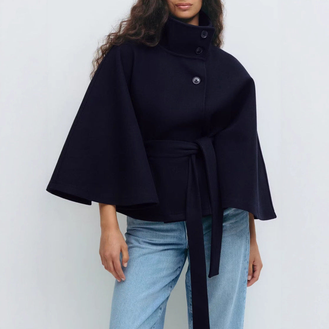 Loose Wool Belted Cape with High Collar for Women | Winter Outerwear