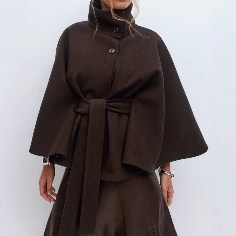 Loose Wool Belted Cape with High Collar for Women | Winter Outerwear