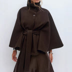 Loose Wool Belted Cape with High Collar for Women | Winter Outerwear