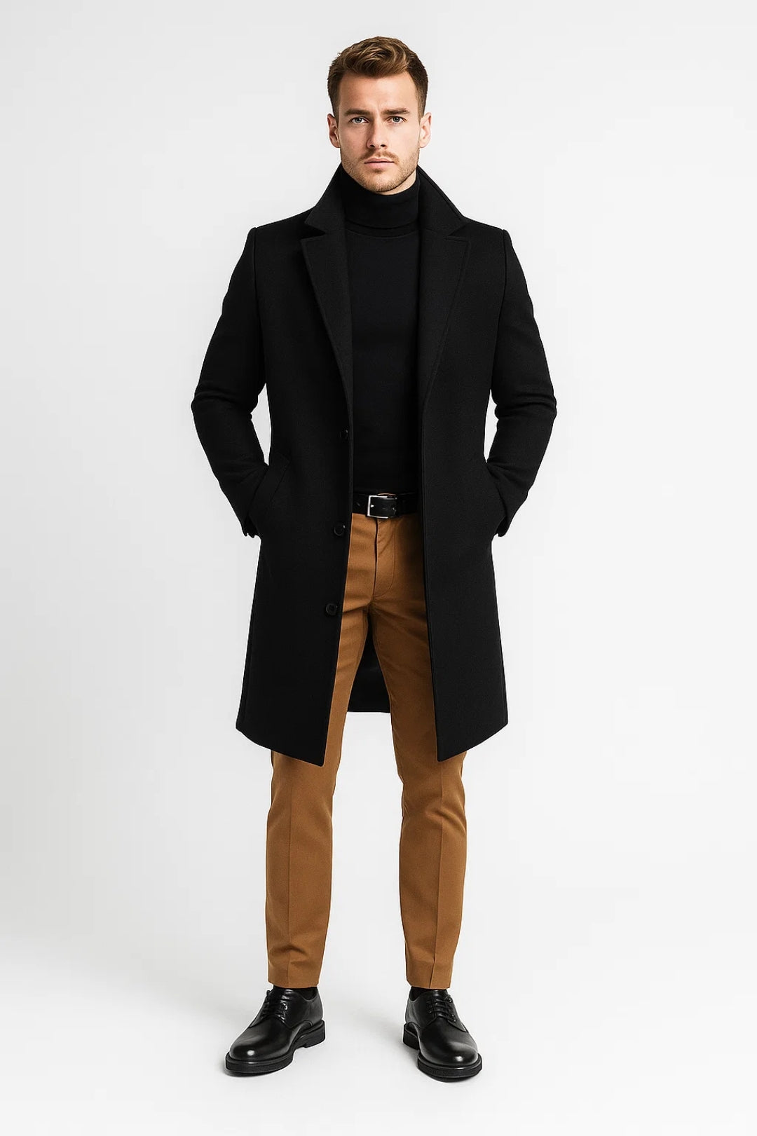 Men Coat | Long with button closure and lapel collar