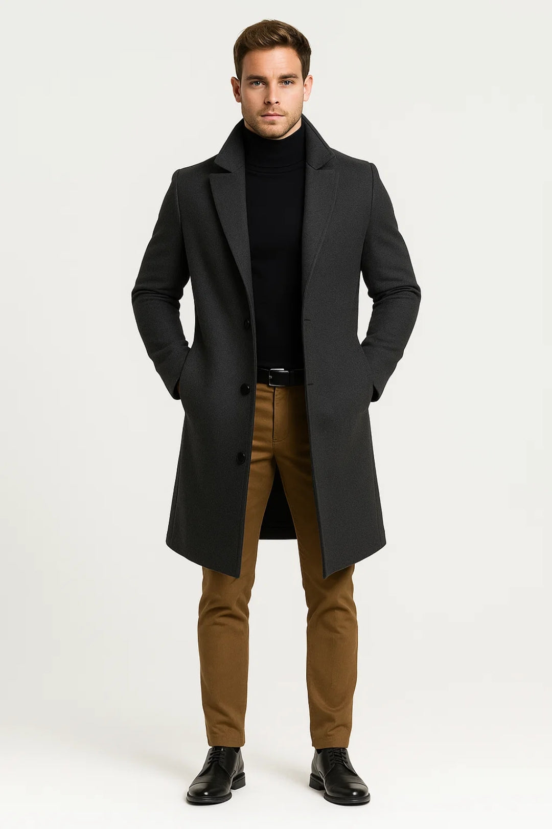 Men Coat | Long with button closure and lapel collar