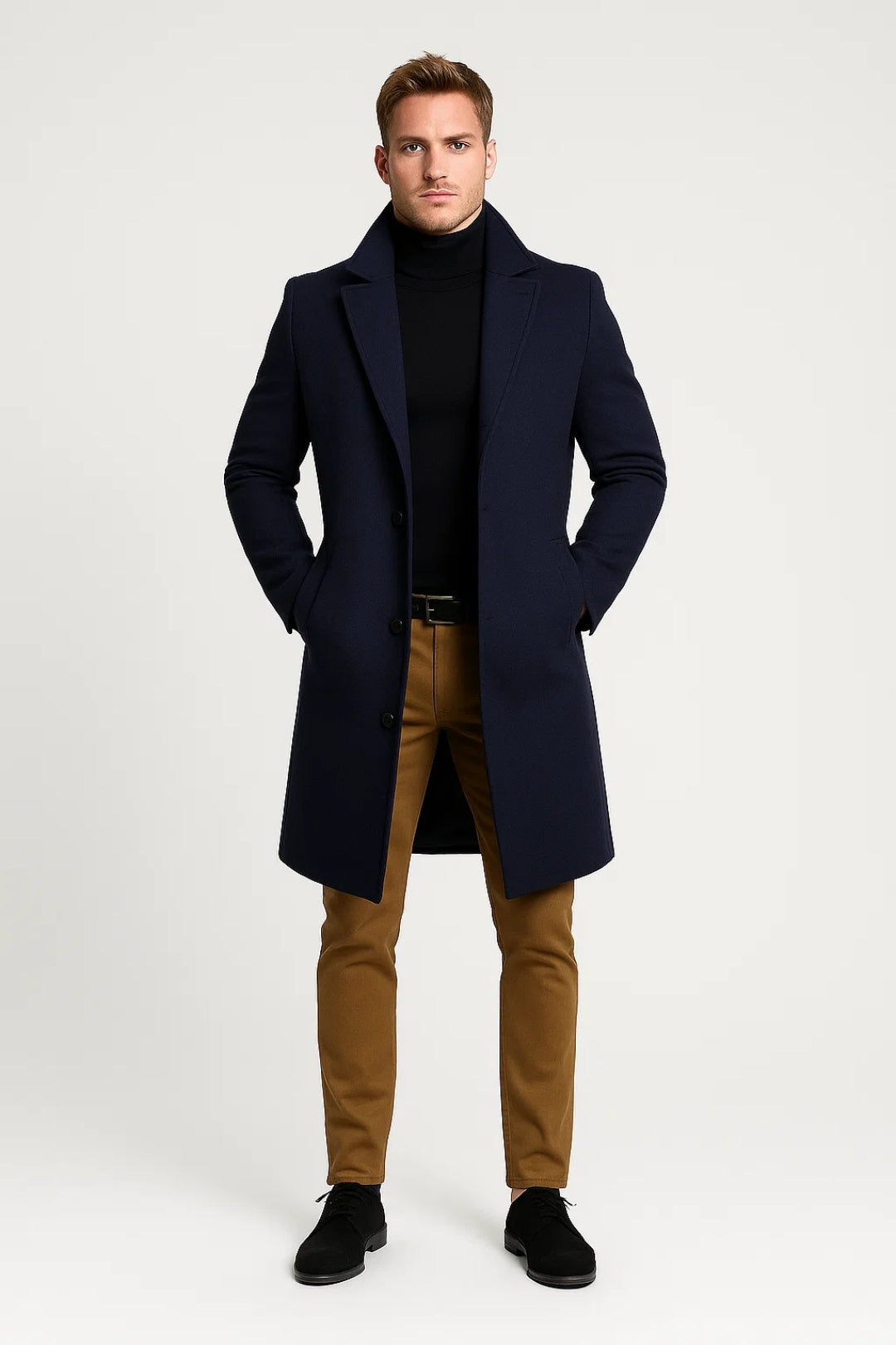Men Coat | Long with button closure and lapel collar