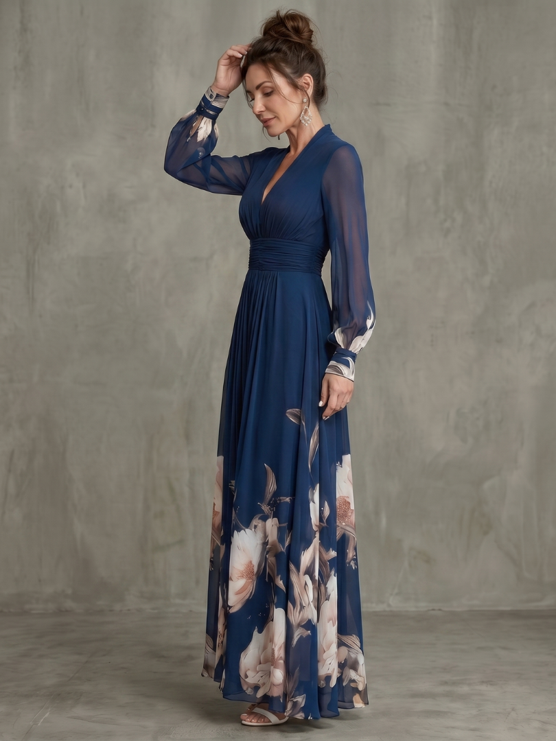 Navy Blue Printed Plunge Neck Maxi Dress with Sheer Sleeves for Women | Evening