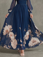 Navy Blue Printed Plunge Neck Maxi Dress with Sheer Sleeves for Women | Evening