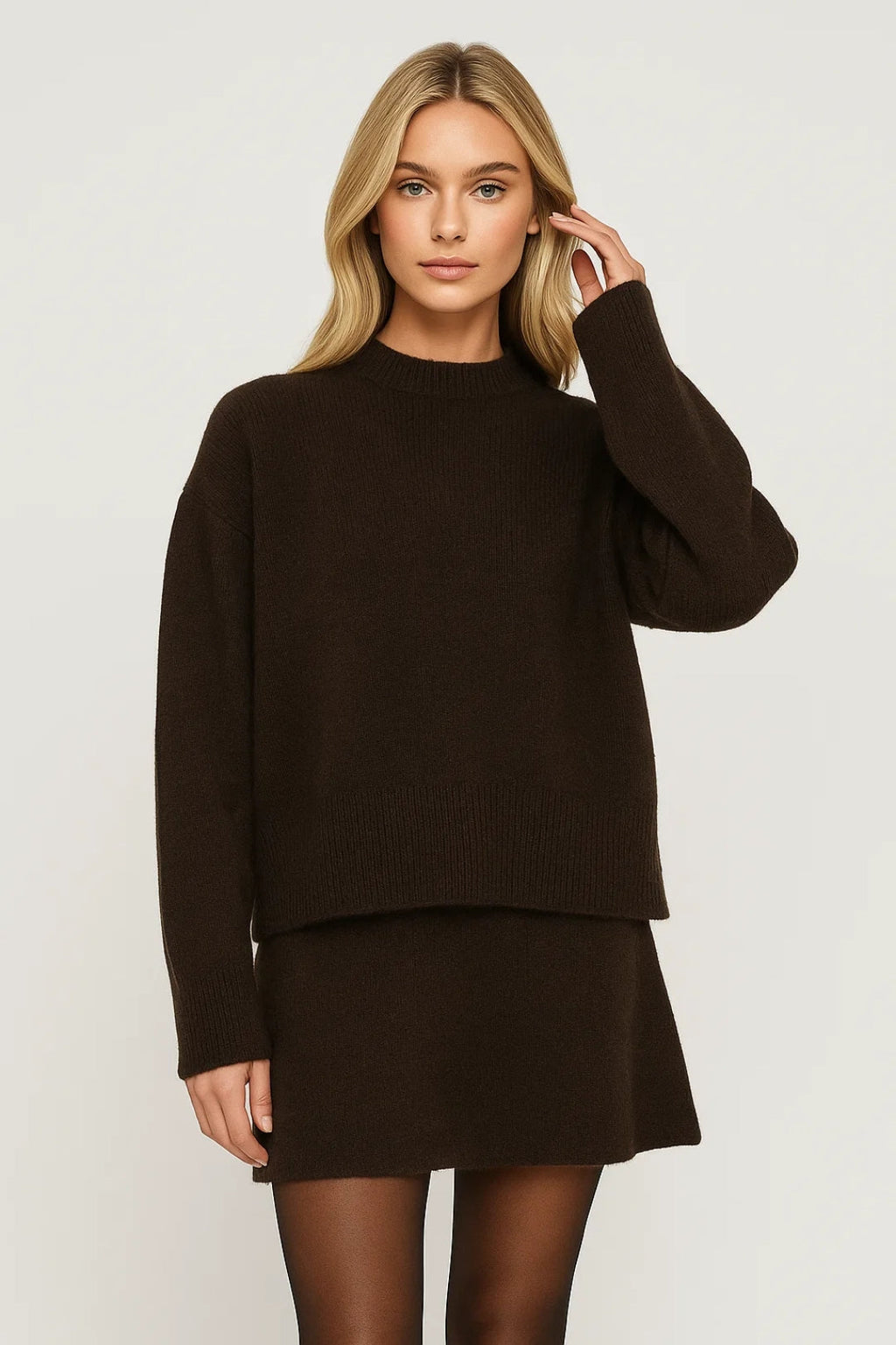Dark Brown Round Neck Knitted Jumper and Skirt Set for Women