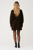 Dark Brown Round Neck Knitted Jumper and Skirt Set for Women