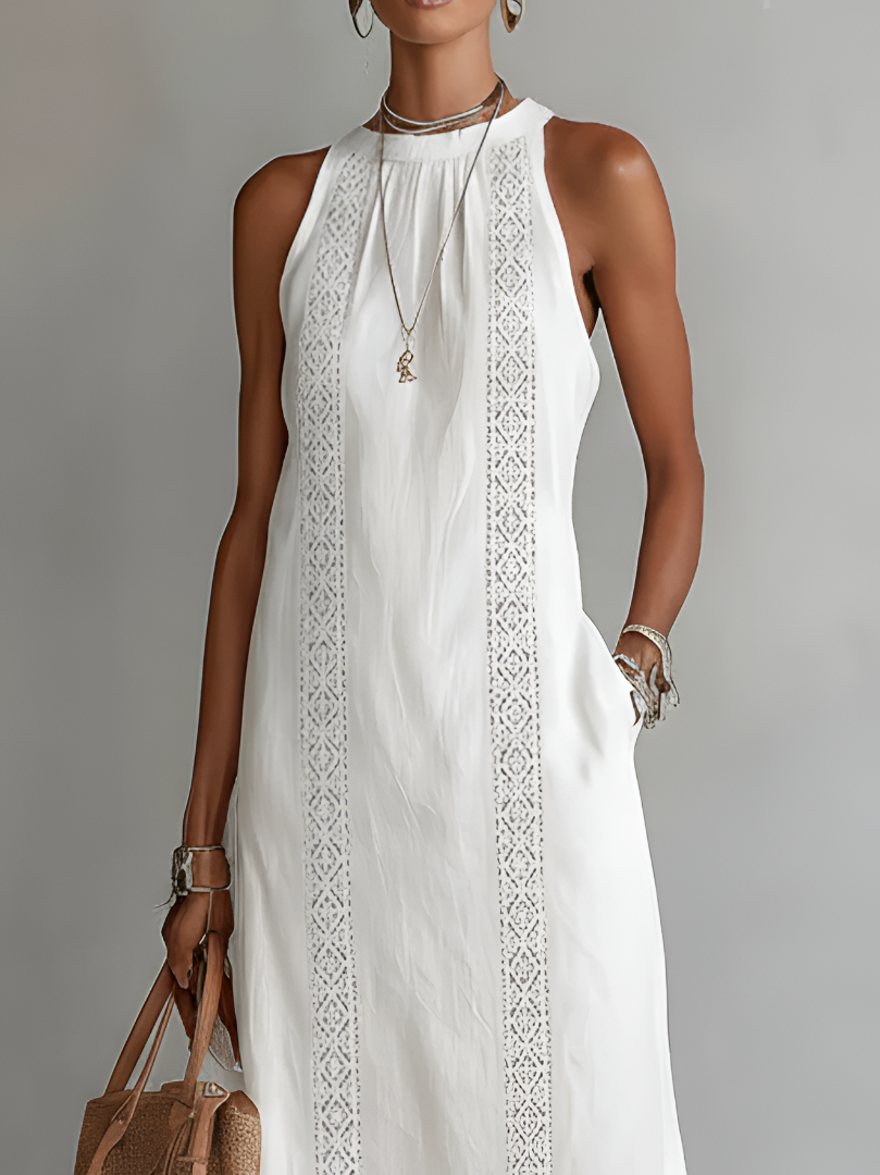 Lace Panel Relaxed Fit Midi Dress with Pockets for Women | Summer Collection