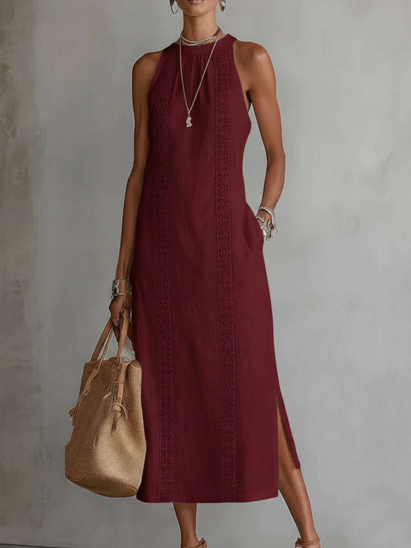 Lace Panel Relaxed Fit Midi Dress with Pockets for Women | Summer Collection