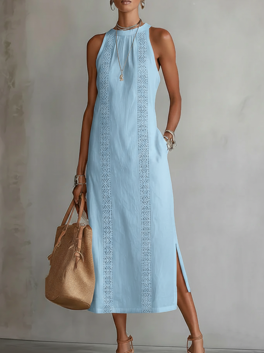 Lace Panel Relaxed Fit Midi Dress with Pockets for Women | Summer Collection