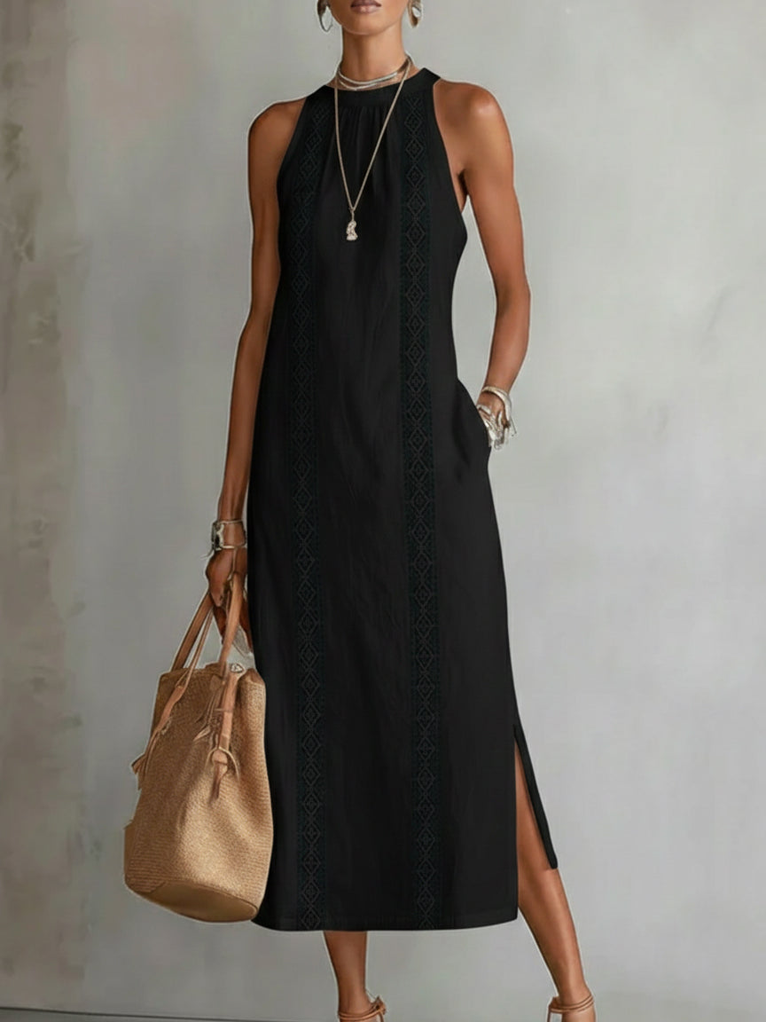 Lace Panel Relaxed Fit Midi Dress with Pockets for Women | Summer Collection