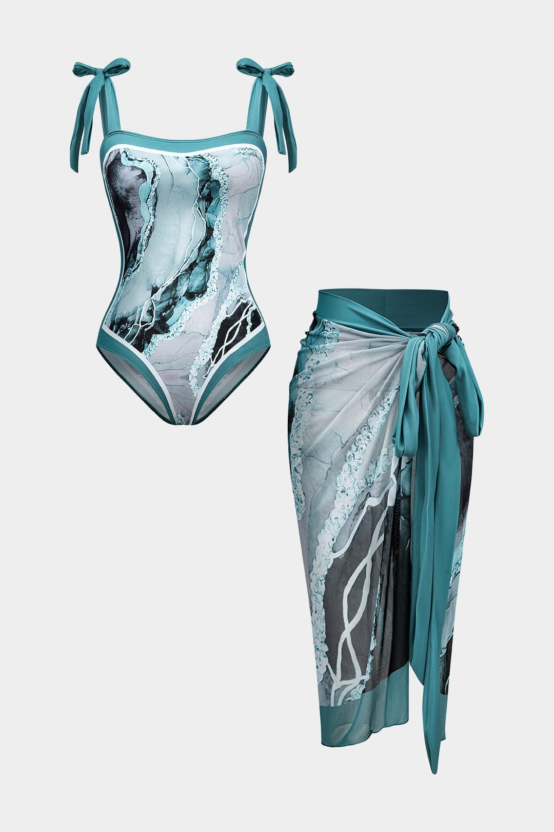 Women Swimsuit Set | One-piece with shoulder ties and pareo