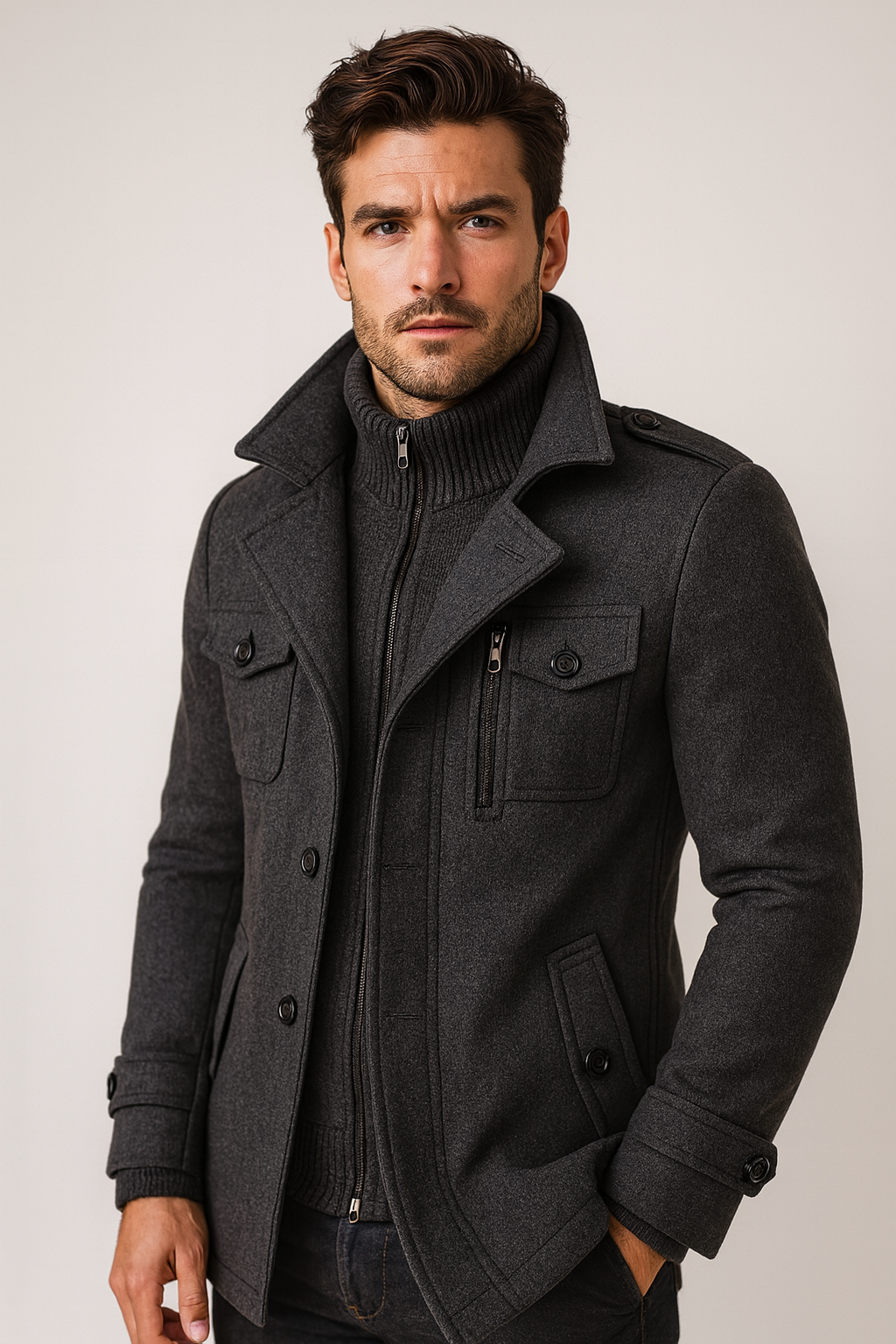 Wool Blend Double-Breasted Long Overcoat for Men