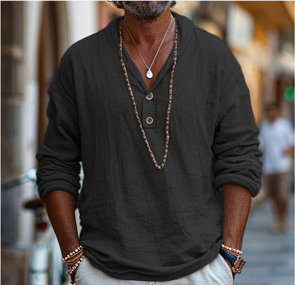Blue Collarless V-Neck Long Sleeve Shirt for Men