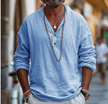 Blue Collarless V-Neck Long Sleeve Shirt for Men